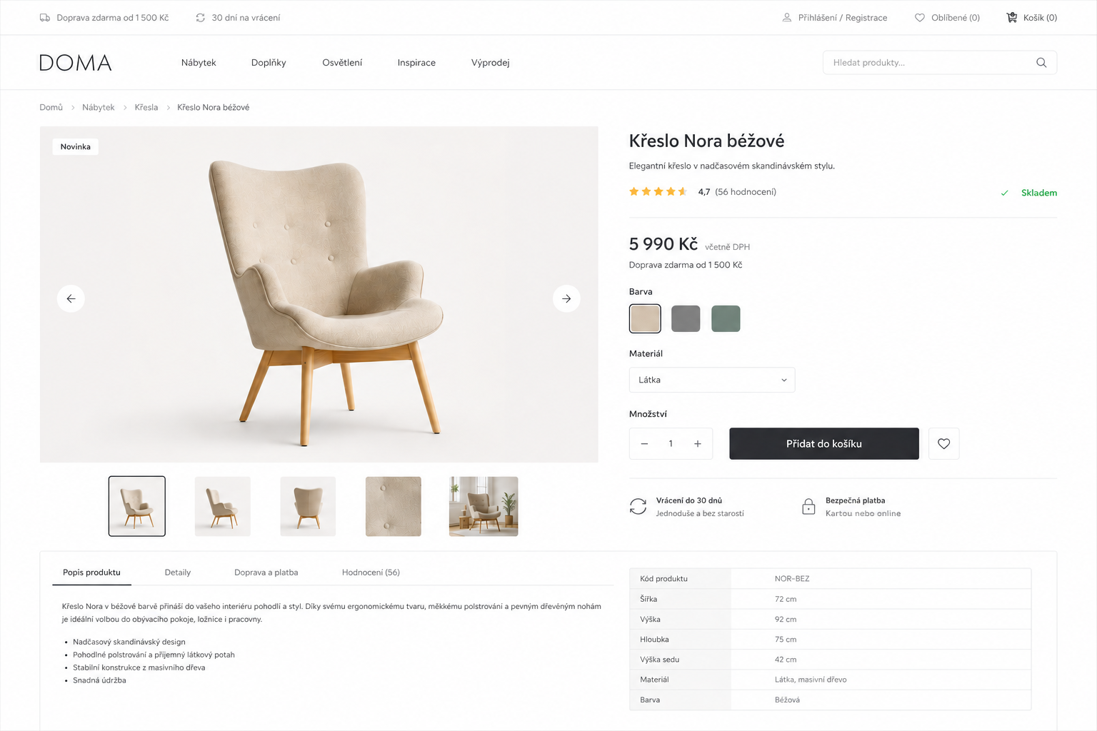 Ukázka produktové stránky e-shopu